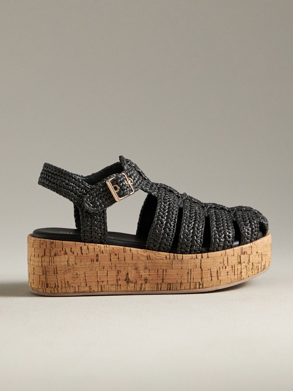 Black Raffia Platform Sandal with Cork Sole